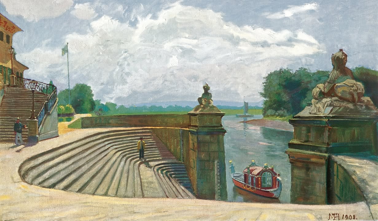 Pillnitz Terrasse und Treppe nach Elbe - 1908 - Farbdruck nach Original - Inventar SBG. Quelle „SBG - Staatliche Schlösser, Burgen und Gärten Sachsen gGmbH.