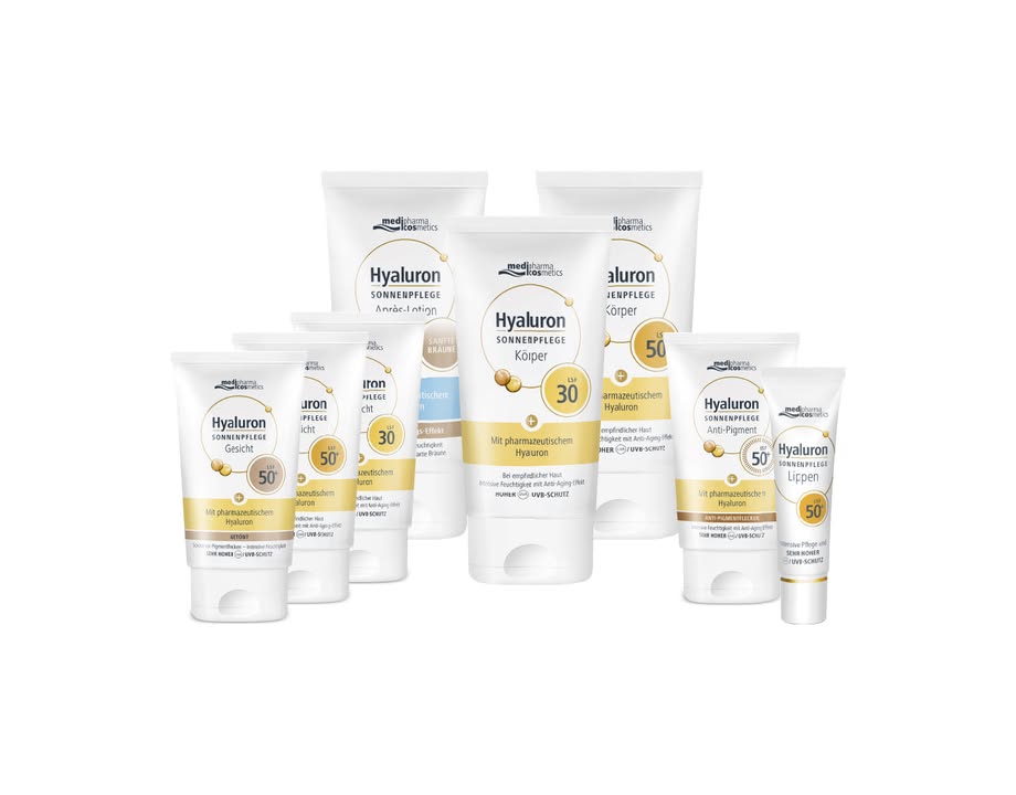 Hyaluron SONNENPFLEGE von medipharma cosmetics umfasst Pflegeprodukte für Gesicht und Körper