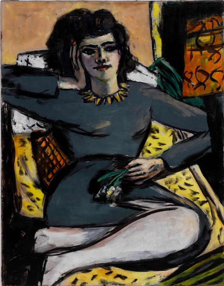 Max Beckmann, Ruhende Frau mit Nelken; Quappi auf dem Sofa bei Licht, Amsterdam, 1942, Öl auf Leinwand, 90,2 x 70,5 cm, Sprengel Museum Hannover, Kunstbesitz der Landeshauptstadt Hannover, Foto: Herling/Herling/Werner, Sprengel Museum Hannover