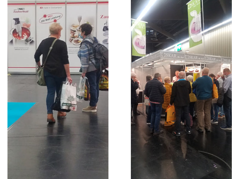 Glücklich heimwärts mit voll gepackten Tüten. | Produktvorführungen wecken das lebhafte Interesse des Messepublikums. Bilder: © Brigitte Karch