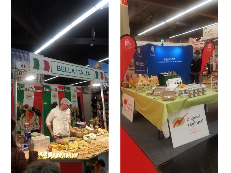 Jede Menge Entertainment und Nützliches für alle, die gerne Speisen zubereiten. Giovanni (l.) präsentiert spezielle Messer und zeigt, wie z.B. Zucchini, Salatgurken und rohe Kartoffeln im Handumdrehen zu außergewöhnlichen Speisenkreationen geschnitzt werden. | Auch der Landkreis Roth ist mit seinen Regionalprodukten vertreten. Bilder: © Brigitte Karch