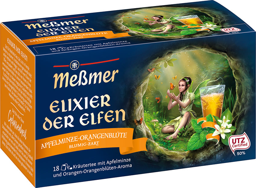 Meßmer Elixir der Elfen
Fruchtig-frische Apfelminze und das lieblich-duftende Aroma von Orangenblüten machen das Elixir der Elfen zu einem blumig-zarten Geschmackserlebnis mit vielfältigen Nuancen. Ein Kräutertee, der die Sinne betört.