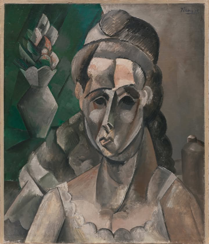 Pablo Picasso, Femme au bouquet – Frau mit Blumenstrauß, Horta de Ebro, 1909, Öl auf Leinwand, 60,5 x 52 cm, Sprengel Museum Hannover, Leihgabe Kunststiftung Bernhard Sprengel und Freunde, Hannover, Foto: Herling/Herling/Werner, Sprengel Museum Hannover; © Succession Picasso / VG Bild-Kunst Bonn, 2024