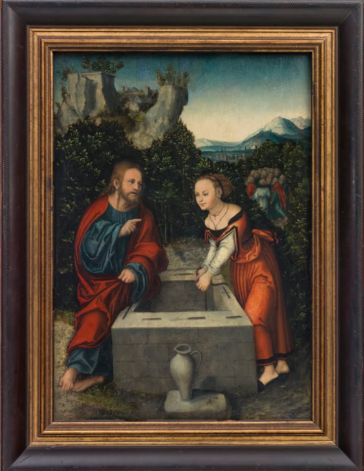 Lucas Cranach d. Ä., Christus und die Samariterin, 1532, Museum für Franken – Staatliches Museum für Kunst- und Kulturgeschichte in Würzburg. Leihgabe der Bundesrepublik Deutschland, Inv. Nr. Lg. 60669, © Museum für Franken, Fotoarchiv, Foto: Katja Krause, Würzburg.