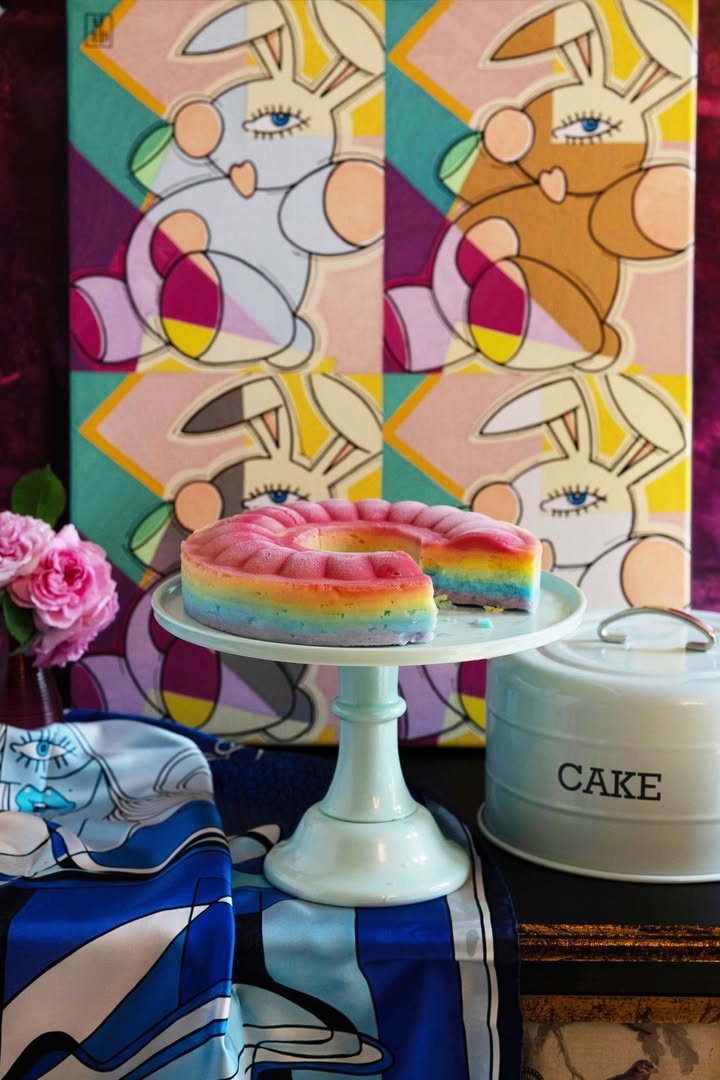 Kindergeburtstag mit Regenbogen-Eis-Kuchen, Neo Pop Art im Hintergrund von Maestro Mauro Bergonzoli. Bild: Jana Burau