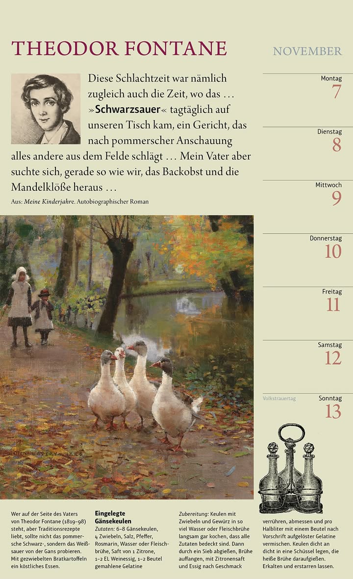 Der Schriftsteller Theodor Fontane (1819-98). Aus: Meine Kinderjahre. Autobiografischer Roman. Rezept: Eingelegte Gänsekeulen.