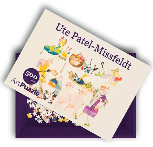 Ute Patel-Missfeldt: Neues Puzzle: Karikatur eines Küchen-Motivs,